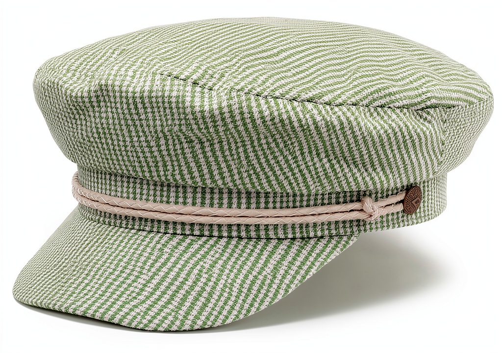 Uomo che indossa il Berretto Marinaio Brixton Baker Boy Houndstooth Verde in contesto urbano estivo