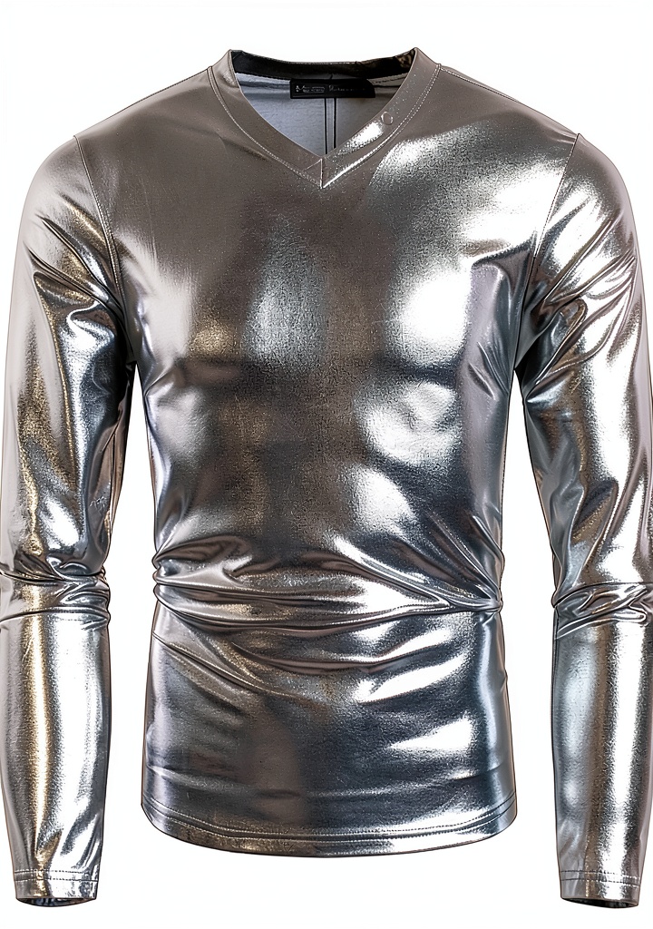 Camicia da Uomo Slim Fit Metallizzata Lucida V Collo Maniche Lunghe displayed on a mannequin in a nightclub setting