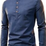 Camicia Casual Uomo Cotone Maniche Lunghe Colletto a Fascia-0