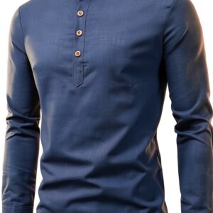 Camicia Casual Uomo Cotone Maniche Lunghe Colletto a Fascia-0