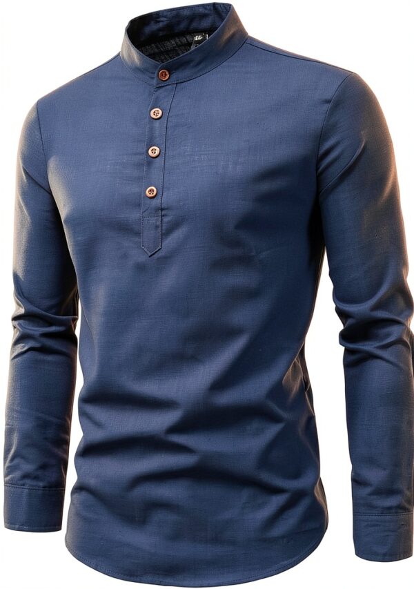Camicia Casual Uomo Cotone Maniche Lunghe Colletto a Fascia-0