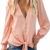 Camicie Donna Maniche Lunghe MQYXGS Pizzo Tinta Unita Rosa-0