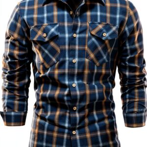 Camicia Elegante Scozzese Uomo Slim Fit Maniche Lunghe Colletto Bavero-0