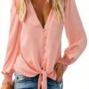 Camicie da Donna a Maniche Lunghe MQYXGS Top Elegante in Pizzo Rosa-2