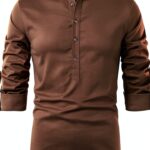 Camicia di Lino da Uomo Henley a Maniche Lunghe in Cotone – 28,37€-0