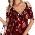 T-shirt casual donna MQYXGS - Stampa, scollo V, maniche corte-0