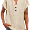 Camicia Casual da Donna in Tinta Unita con Scollo a V e Bottoni a Maniche Corte in Maglia con giunture Maglie Particolari Invernali Traspirante Leggera Donna Maglietta-0