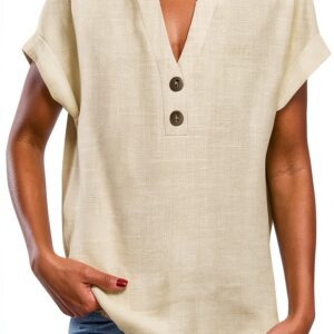 Camicia Casual da Donna in Tinta Unita con Scollo a V e Bottoni a Maniche Corte in Maglia con giunture Maglie Particolari Invernali Traspirante Leggera Donna Maglietta-0