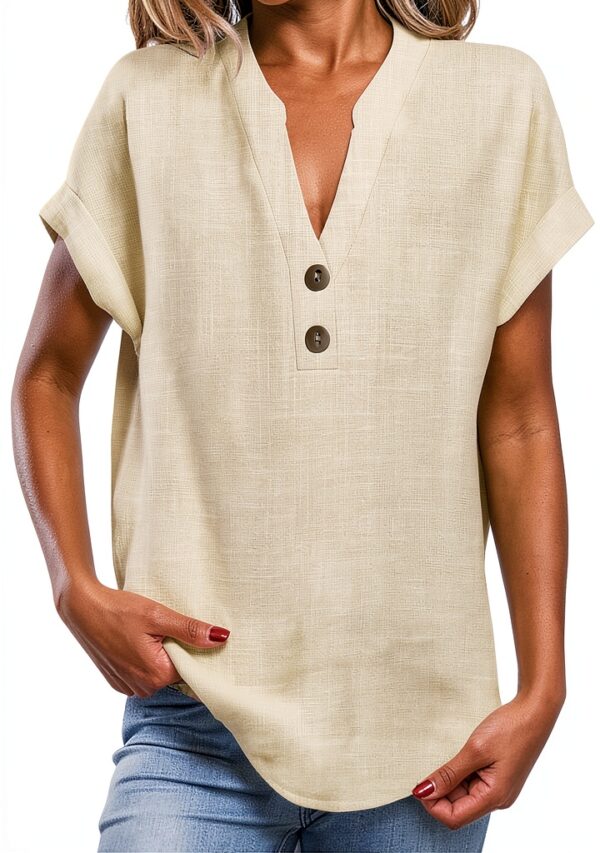 Camicia Casual da Donna in Tinta Unita con Scollo a V e Bottoni a Maniche Corte in Maglia con giunture Maglie Particolari Invernali Traspirante Leggera Donna Maglietta-0