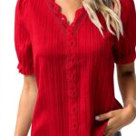 Camicia Elegante in Pizzo Tinta Unita con Scollo a V Pizzo Estivo da Donna Camicia Elegante Tinta Unita Manica Corta T-Shirt Morbida e Comoda Taglie Forti Abbigliamento Elegante-0