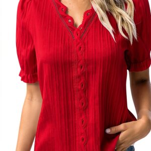 Camicia Elegante in Pizzo Tinta Unita con Scollo a V Pizzo Estivo da Donna Camicia Elegante Tinta Unita Manica Corta T-Shirt Morbida e Comoda Taglie Forti Abbigliamento Elegante-0