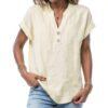 Camicia Casual da Donna in Tinta Unita con Scollo a V e Bottoni a Maniche Corte in Maglia con giunture Maglie Particolari Invernali Traspirante Leggera Donna Maglietta-1
